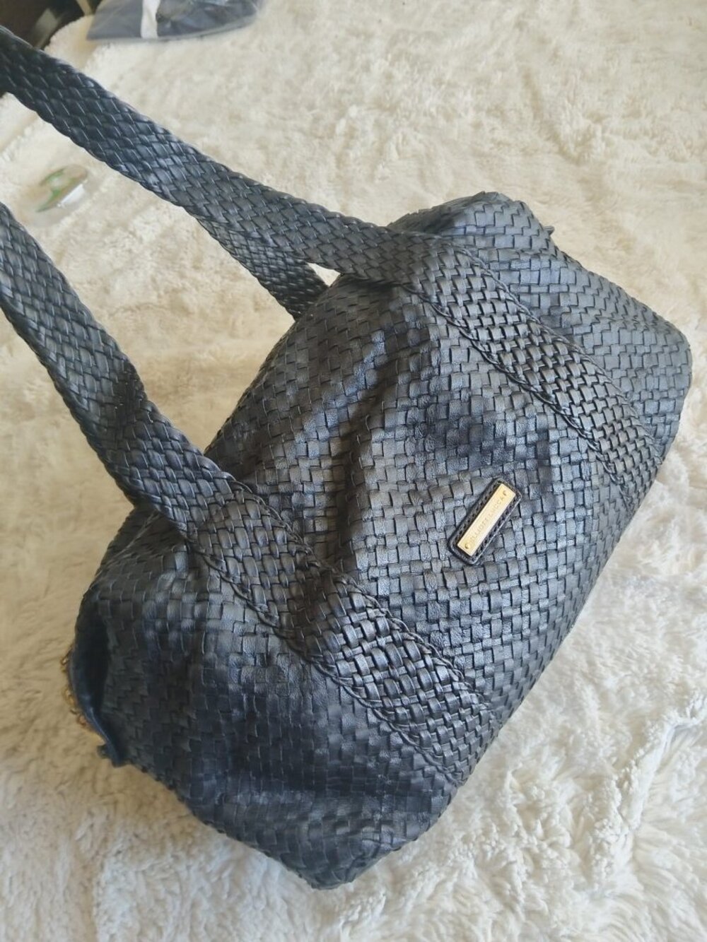 Elliott Lucca Black Woven Leather Satchel Shoulder Bag Red Lining Brass Hardware
